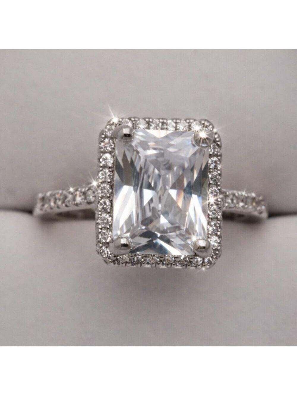 Halo Radiant Simulated Diamond Engagement Ring Size 6 New Rectangular Stone